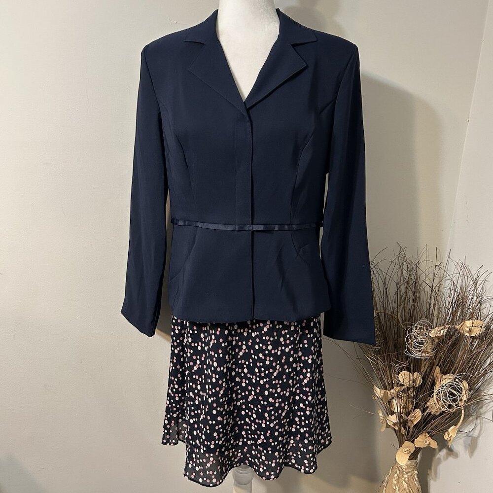 SUITS US Women 2pc SKIRT SUIT SET Navy Blue Jacket Pink Polka Dot Skirt Sz 13/14